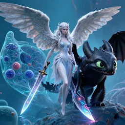 by chet zar and alexander jansson, visually stunning, cinematic, ultra realistic, hyper realism, 1 2 k, epic, octane render, unreal engine, vfx, maya, fantastic designs : a perfect angelic being, glitch blade : umbreon pup, toothless from how to train your dragon, silica cell wall of a diatom ( unicellular alga ) at 3, 0 0 0 x magnification