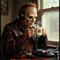vintage texas chainsaw massacre movie poster with leatherface listening to a vinyl and sipping a cup of hot coffee by the window, cinematic lighting, hyper detailed