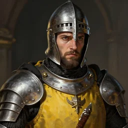 Closeup of frustrated male medieval sergeant with a {short} beard wearing a black!!!! and yellow tabard over a steel breastplate and a black gambeson no no no no no helm, intricate, dramatic lighting, illustration by Greg Rutkowski, ArtStation, digital art, fantasy