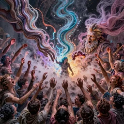 in the style of Cam Kennedy , 2000AD , burst of powders ,detailed entangled fibres ,volumetric lighting, twisting vapour, bellowing dust ,flowing shimmering fabrics, emerging hands and an ancient male bearded face , Hundreds of humans , emerging hands and beautiful women’s and men screaming laughing and crying face , full colour , upscale , 4k