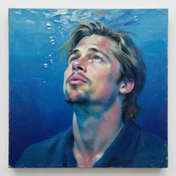 oil paint impasto relief, portrait of brad pitt deep under water, lots blue colours, lit from above, looking up, air bubbles, multi layered thick brush marks, some splattered paint, in the style frank auerbach and magritte