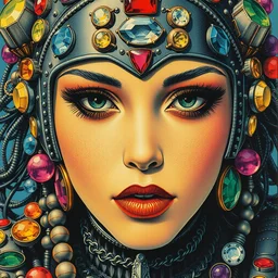 risograph grainy drawing vintage sci - fi, satoshi kon color palette, gigantic beautiful bejeweled armored woman full - body covered in colourful gems, 1 9 6 0, kodak, metal wires, natural colors, codex seraphinianus painting by moebius and satoshi kon and alberto mielgoб extreme close - up portrait