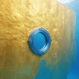photo of a huge golden wall with a small futuristic blue metallic elaborate round portal into an underwater universe, glowing red neon rings around the portal, aztec glowing blue ornaments, front shot, sharp, insanely integrate, fantasy
