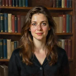 a painting of a woman standing in front of a bookshelf, a character portrait by peter helck, trending on deviantart