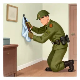 a new yorker style cartoon of a soldier cleaning a room