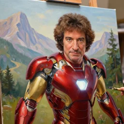 a closeup photorealistic photograph of bob ross painting an image of iron man on a large canvas. mountains and trees. film still. brightly lit scene. this 4 k hd image is trending on artstation, featured on behance, well - rendered, extra crisp, features intricate detail, epic composition and the style of unreal engine.