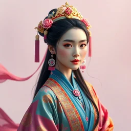 wide angle full body portrait shot of a beautiful chinese princess wearing flowing colourful clothes, highly detailed face, detailed eyes, alphonse mucha, rhads, ross tran, artstation, artgerm, octane render, 1 6 k