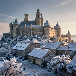 A photograph of a medieval city covered in Frost. Realistic