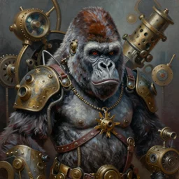 oil painting of a steampunk gorilla portrait surrounded by machinery, high quality, highly detailed, coherent