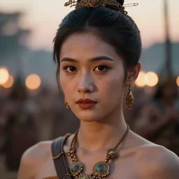 close - up photo of a beautiful khmer warrior princess in a battle scene, detailed eyes, shallow depth of field, photorealistic, cinematic lighting, lovely bokeh, warm colours, dusk