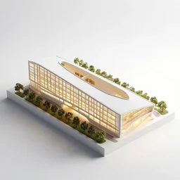 architectural model, isometric view, 3 d render, studio lighting, low contrast, brightly lit studio, highly detailed, a thick building with long triangular plan and large windows, mansard roof, post - modernism, high tech, tree