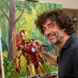 a closeup photorealistic photograph of bob ross working on an iron man canvas painting. happy trees. film still, vibrant colors. this 4 k hd image is trending on artstation, featured on behance, well - rendered, extra crisp, features intricate detail, epic composition and the style of unreal engine.