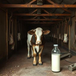 dirty bottle of milk and a cow inside rusted slaughterhouse