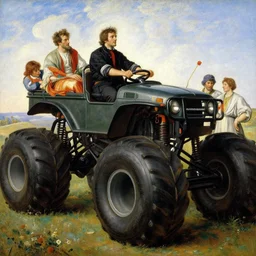 a beautiful painting of paul rudd driving a monster truck by john everett millais and dante gabriel rossetti and john collier and john william waterhouse, preraphaelite, detailed, trending on artstation, hd, masterpiece