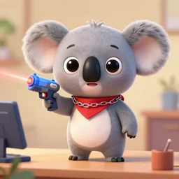 “ cute koala with very big eyes, wearing a bandana and chain, holding a laser gun, standing on a desk, digital art, award winning, in the style of the movie zootopia ”