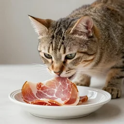 Photo of a cat eating a slice of ham