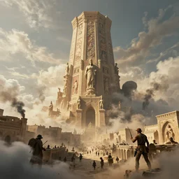 epic view of an ancient Byzantine city surrounded by clouds, Giant imposing tower, full of strange statues and murals, full of smoke and dust, hyper real, Indiana Jones, Tomb Raider, trending on artstation, concept art, photorealistic, cinematic, city