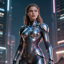 VFX movie of a futuristic inhuman alien hero woman in spandex armor in future city, hero pose, beautiful skin, night lighting by Emmanuel Lubezki