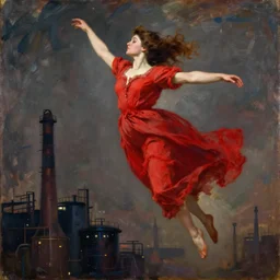 a painting in the style of Oscar Florianus Bluemner, a woman in a red dress floats over dark factories