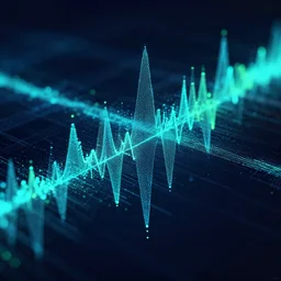 a waveform comprised of millions of points. dark background. neon blue / green colored dots. depth of field. cgi rendering. ai generated audio.