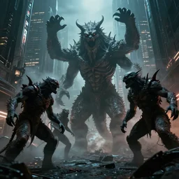 still image taken from sci fi horror movie of mythical monsters attacking a city. low camera angle. failure pictures.