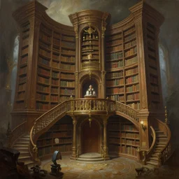 a fantasy multi - level library, by greg rutkowski e thomas kinkade, fantasy, d & d, very detailed, high definition, realistic painting, character design, trending on artstation