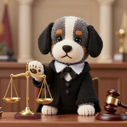 a closeup photorealistic illustration of a knitted bernedoodle judge puppy dressed in a black gown presiding over the courthouse. scales of justice and gavel. this 4 k hd image is trending on artstation, featured on behance, well - rendered, extra crisp, features intricate detail, epic composition and the style of unreal engine.