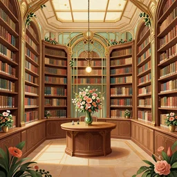 a digital illustration of an art - deco library interior decorated with flowers. by beeple and maxfield parrish, cinematic lighting, cgsociety, artdeco, utopia art, bold colors, sci - fi, artstation hq