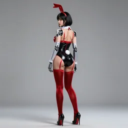 girl wearing robotic suit, high detail, 3 6 0 degree view model, back view, bunny suit playboy, tight suit, nurse's leather suit, in red velvet stockings, red bra, high shoes, full length, very anime, fine - face, audrey plaza, realistic shaded perfect face, fine details. anime. realistic shaded lighting poster by ilya kuvshinov katsuhiro otomo ghost