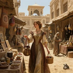 beautiful woman shopping in twisted arabian market victorian buildings, gothic, ancient, sand, intricate, highly detailed, digital painting, artstation, concept art, smooth, sharp focus, illustration, Unreal Engine 5, 8K, art by artgerm and greg rutkowski and alphonse mucha