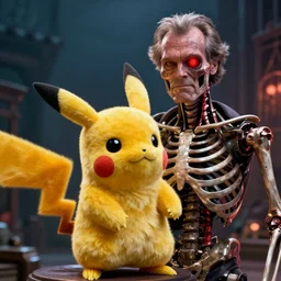 Jack Nicholson plays Pikachu Terminator, scene where his inner endskeleton is visible and his eye glows red, still from the film