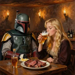 Boba Fett and a beautiful young blonde drinking beer in a wine cellar, food, meat, schnapps, torches on the wall, romantic, inviting, cozy, painting by Vladimir Volegov