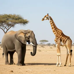 an elephant having a conversation with a girrafe, sahara desert