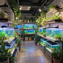 clean neat clarity professional visual development set design, messy cozy store with hanging cages and bright aquariums, sparse plants, dim painterly lighting volumetric aquatics, impasto, trending on pixiv