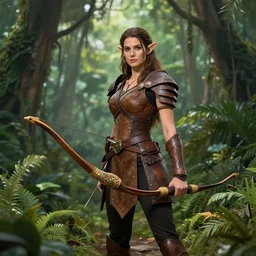 Gorgeous Jungle Ranger, brown armor, thick bow, ornamental arrows, high fantasy, elf, brown hair, black pants, trending on artstation, artstationHD, artstationHQ, octane, realistic, enticing, intrinsic, by leng jun, by frank franzzeta