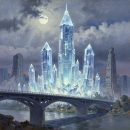 anime key visual of glowing crystal skyscrapers near a huge modern stone bridge stone bridge in the foreground, overcast sky with moonlight rays between clouds, crumbling ancient skyscrapers, style of jamie wyeth james gilleard edward hopper greg rutkowski acrylic painting, oil on canvas, preserved museum piece, historical