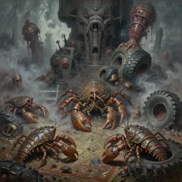 fine art oil painting varied muck jeweled, filthy rugated armored crustaceans clawing & terrified as massive brutalist structures, claustrophobic cilia sporing pox, evil fog, final drag race, plague tires, final battle removal, clustered horror, by virgil finlay, vincente b ballestar, by francesco blanc, geof darrow, bis
