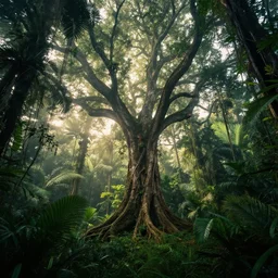 horrific, spectacular tree in a densely overgrown jungle, fantasy, dreamlike sunraise, ultra realistic
