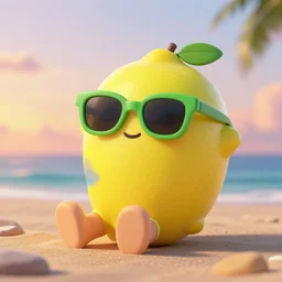 3d render, Chibi lemon character with an accomplished look on his face, he is wearing green sunglasses relaxing on the beach at sunset