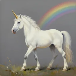 a cinematic image of an unicorn walking on a rainbow low saturation Matt painting