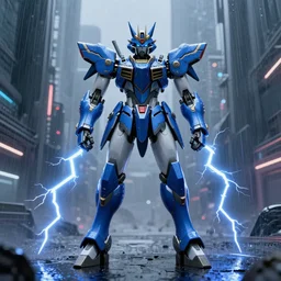 Azure Wolf wolf GUNDAM on a futuristic cyberpunk city under heavy rain, cinematic lighting, Lightning arc plasma, symmetric full body azure GUNDAM mecha, GUNDAM wing style armor, GUNDAM armor, samurai armor, mortar heads, mech suit, full body armor, lamellar armor, exoskeleton, post processing, ultra detailed, trending on artstation