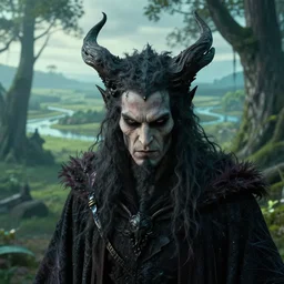 an ultra realistic, cinematic headshot portrait, of an evil tree wizard, background of a vast serene landscape, with trees and rivers, detailed, deep focus, movie still, dramatic lighting, ray tracing, by michal karcz and yoshitaka amano