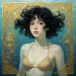 beautiful cottagecore of a girl with short black curly hair, round face, cute face, wearing a bikini. Underwater.  intricate, elegant. highly detailed, digital painting, artstation, concept art, smooth, sharp, focus, illustration. art by artgerm and greg rutkowski alphonse mucha and Marat Safin