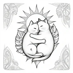 tattoo sketch of a cat huging sun, monstera deliciosa, a draft, organic ornament, maori, line art, vector