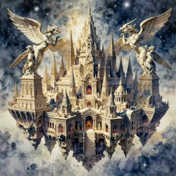 an beautiful and very detailed concept watercolour painting by alan lee, rebecca guay, michael kaluta, charles vess and jean moebius giraud of a massive city constructed of ancient stone of impossible architecture floating in the astral plane, with huge statues of furious seraphim rising from admist the byzantine spires