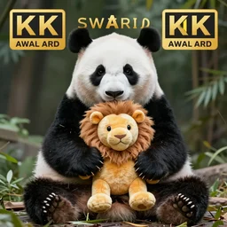 a sitting panda hugging a plushy in the shape of a lion, photography, award winning, 8 k