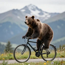 a photography of a bear on a bicycle in the mountain