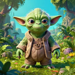 yoda in a lush jurassic landscape, 4 k, hyper realistic, coherent design, symmetrical, vivid colour, trending on art station, in the style of pi - slices, complementary colour, golden ratio, detailed, sharp lines, intricate, rainbow shift, in unreal 3 d engine, ray tracing, octane render
