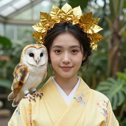 portrait photograph of an extremely beautiful!!!! young female , symmetric face!, symmetric round detailed eyes!!,  slight smile, natural light, wearing a yellow kimono!! with a very detailed barn owl! on her shoulder in a tropical greenhouse.  looking at the camera!!. golden crown made of golden leaves. super resolution. Extremely detailed. Graflex camera!,  bokeh!!!!! trending on artstation.