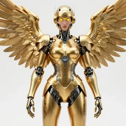 maria of metropolis, humanoid robot, golden full body armor, deployed wings, beautiful helmet, glowing yellow eyes, scifi, futuristic, raytracing, glowwave, unreal engine 5 rendered, by fritz lang, art style by pixar warner bros dreamworks disney riot games and overwatch